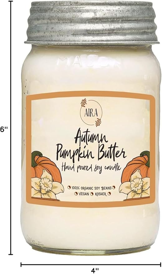 Aira Fall Soy Candles - Organic, Kosher, Vegan, Mason Jar Candle w/Aromatherapy Essential Oils - Hand-Poured 100% Soy Candle Wax - Paraffin Free, Burns 110+ Hours - Autumn Pumpkin Butter - 16 Ounces