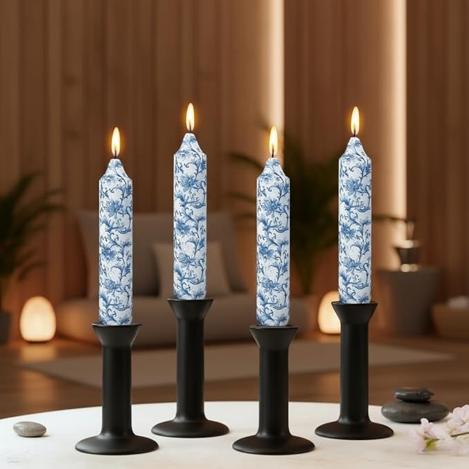 7 Inch Blue and White Tapered Candles Short Floral Candle Sticks Hand Poured Unscented Smokeless Clean Burning Candles for Dining Table Everyday Meals Family Dinner Elegance
