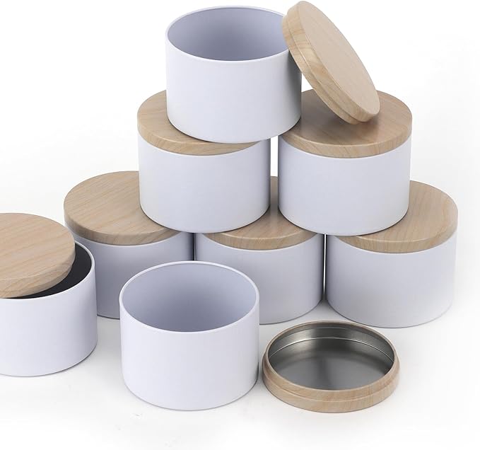 24pcs 8oz white Candle tins with Metal Wood-Grain Printing Lids. Candle Jars,Bulk Candle tins for Making Candles,Candle Making Jars (8OZ, WHITE)