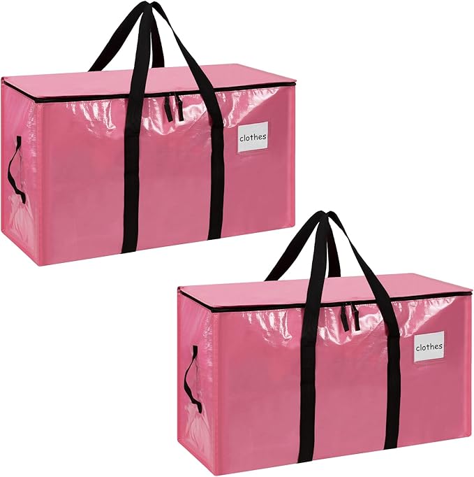 2-Pack Extra-Large Heavy-Duty Storage Totes with Reinforced Handles, Durable Zippers & Waterproof Material — Perfect for Space-Saving, Moving, Shipping and Travel (Pink)