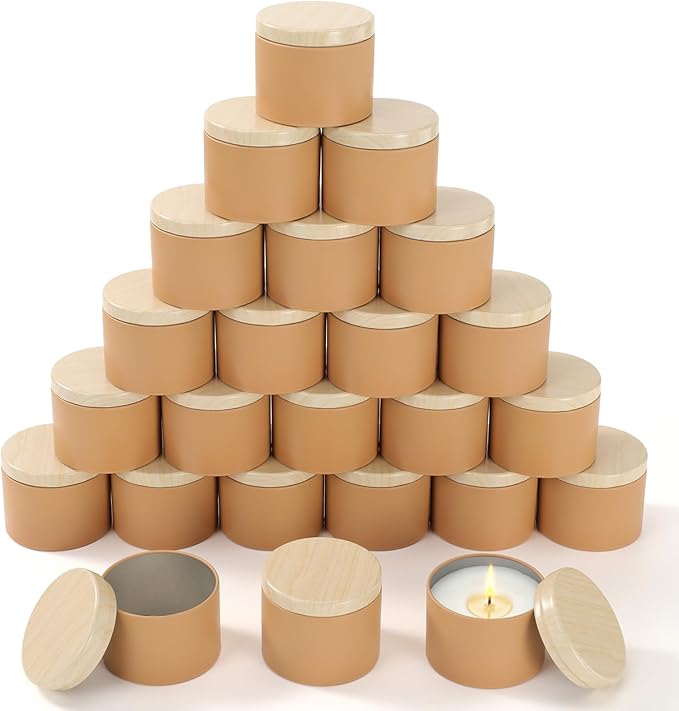 Honeydak 36 Pcs 4oz Brown Candle Jars Bulk Candle Tins Small Empty Containers with Metal Wood Grain Printing Lids for Making DIY Jars Storage Wedding Gifts