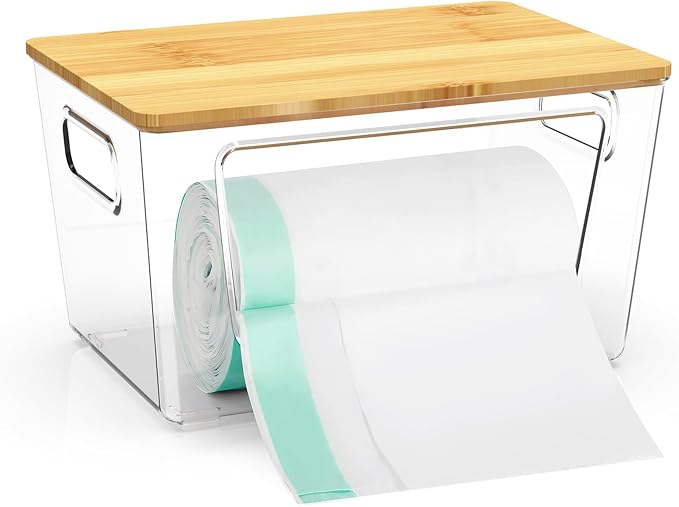 IDEATECH Trash Bag Holder Dispenser, Stackable Storage Box for 4/13/30 Gallon Plastic Bags, Clear Garbage Bags Container Dispenser for Kitchen, Pantry, Under Sink, Laundry Storage Organization (1Pack)