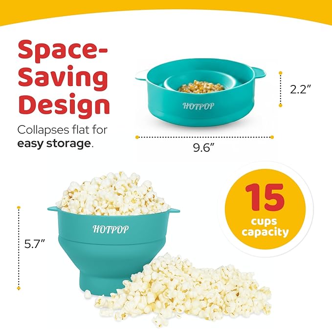 The Original Hotpop Microwave Popcorn Bowl Popper, Silicone Popcorn Maker, Collapsible Bowl and Dishwasher Safe- 20 Colors Available (Cyan)