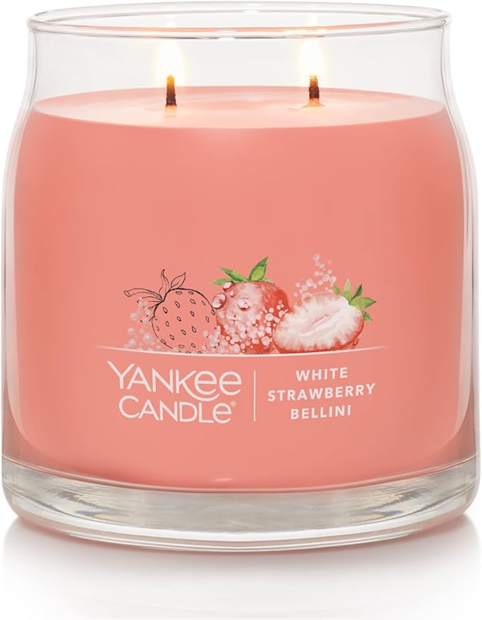 Yankee Candle White Strawberry Bellini Scented Signature 13oz Medium Jar 2-Wick Candle Over 35 Hours of Burn Time