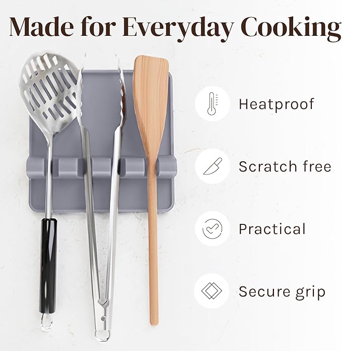 Cooler Kitchen Gray Silicone Spoon Rest for Stove Top with Drip Pad (2 Pack) - Heat Resistant BPA Free Utensil Rest & Kitchen Spoon Holder for Kitchen Counter - Grill Countertop - Spatula Holder