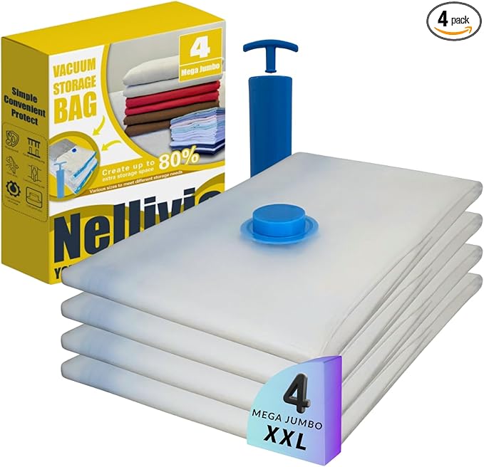 4 Mega Jumbo XXL Vacuum Storage Bags with Pump, Supersized Compression Space Saver for Comforter, duvet, Bedding, Blanket storage, Vacuum Seal Bags for Clothing, Durable Safe Poly Material