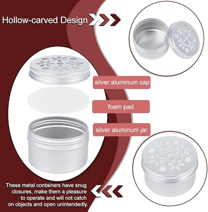 PH PandaHall 12pcs Aluminium Tins, 3 Style 4 Ounce Round Empty Metal Tins with Hollow Lids Refillable Spice Containers for Aromatherapy Air Freshener Candles Travel Storage, 2.7x1.6inch