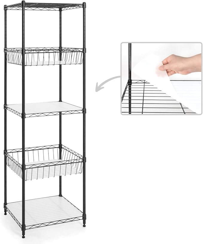 CAPHAUS NSF Adjustable Height 5 Tier Wire Shelving Unit w/Basket & Liner, Storage Rack Corner Shelves, Metal Storage Rack for Kitchen, Bathroom, Laundry Closet, Wire Shelving w/Basket Shelves Black