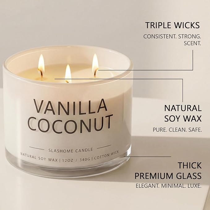 Vanilla Coconut Scented Candle, Luxury Large 3 Wick Soy Candle 12 Oz, 60+ Hour Long Lasting Clean Burn, Elegant Aromatherapy Home Decor, Valentine's Day & Housewarming & Birthday Gift for Men Women