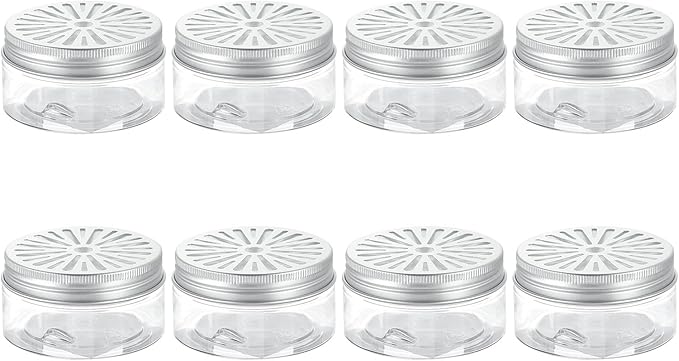 HARFINGTON 8 Pcs Empty Scent Beads Storage Container 3oz/80ml Air Freshener Tins Round Refillable Spice Containers Plastic Jars Sample for Air Freshener Candles Travel Storage