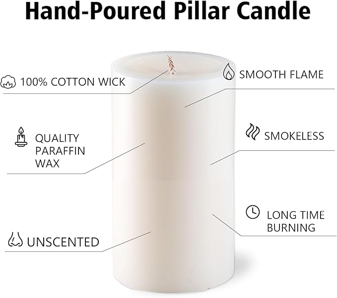 2.8x6 Pillar Candles Set of 6, Unscented Ivory Pillar Candles Bulk, Dripless and Long Clean Burning Pillars Candles, Smokeless Dinner Table Pillar Candles for Wedding, Spa, Aromatherapy, Party