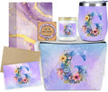 Personalized Gifts Monogrammed Birthday Gifts for Women, Her Employee Housewarming Christmas Initial Wine Tumbler Makeup Bag Scented Candle Bracelet Set, (Aesthetic Purple Flower G)