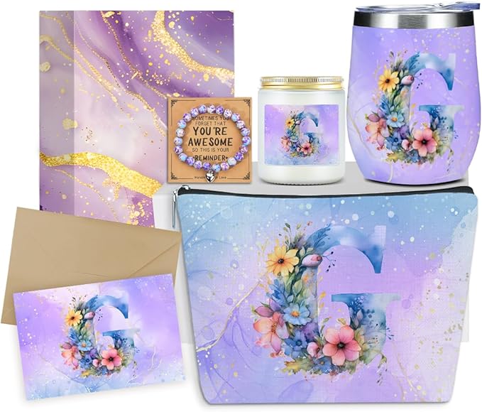Personalized Gifts Monogrammed Birthday Gifts for Women, Her Employee Housewarming Christmas Initial Wine Tumbler Makeup Bag Scented Candle Bracelet Set, (Aesthetic Purple Flower G)