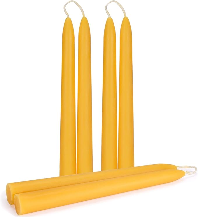 8 inch Beeswax Taper Candles, Natural Pure Bees Wax Candlesticks 6 Pack of 8 Hour Long Burning Time - Unscented, Smokeless and Dripless for Home Decor, Party, Dinner
