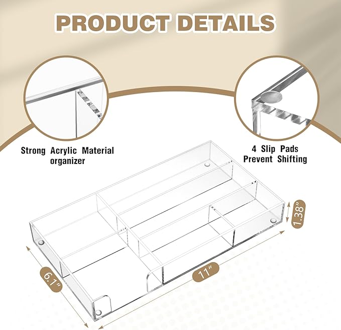 Briwooody Clear Acrylic Desk Drawer Organizer 11 x 6.1 x 1.38 Inch Storage Tray Organizer for Pens, Stationery, Desktop, Office, Bathroom, Kitchen, Makeup Supplies (6 Compartments)