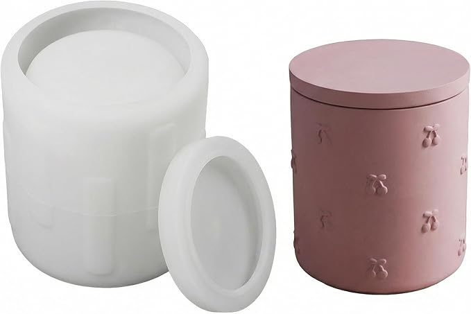 3D Cherry Emboss Lidded Cylinder Silicone Mold, Candle Holder Storage Jar Mold for DIY Candle, Plaster Ornament, Minimalist Home Decor & Craft Making
