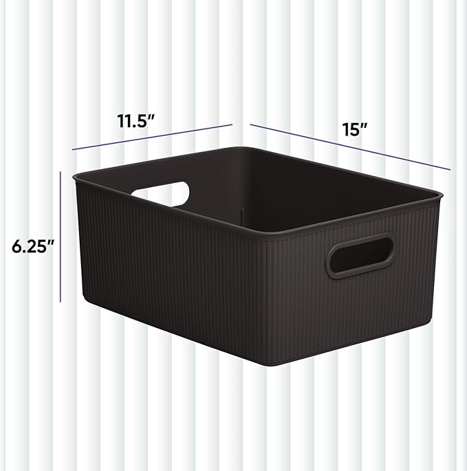 Superio Ribbed Collection - Decorative Plastic Basket Open Home Storage Bins Organizer, Large Brown (1 Pack) Container Boxes for Organizing Closet Storage Bins for Shelves 15 Liter/16 Quart