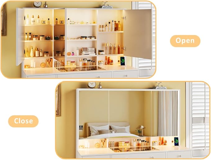 HUAHUU Vanity Desk with Mirror and Lights, 50" Makeup Vanity with Glass Top & Power Outlet, White Vanity with 11 Drawers & 8 Hidden Storage Shelves, 3 LED Lighting Modes Adjustable for Bedroom