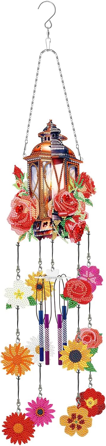 Flowers Diamond Art Wind Chime Suncatcher DIY Kits 5D Diamond Art Painting Wind Chimes Hanging Ornament Set Double Sided Special Shaped Crystal by Number Stitch Pendant for Yard Garden Outdoor Decor