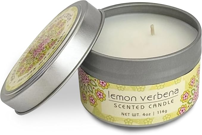 Greenwich Bay Hand-Poured Scented Candle in Decorative Tin – 4 oz/114 g Travel Candle with Lead-Free Wick, Vegetable Wax, Long-Burning Aromatherapy Gift, Single Wick – Made in USA (Lemon Verbena)