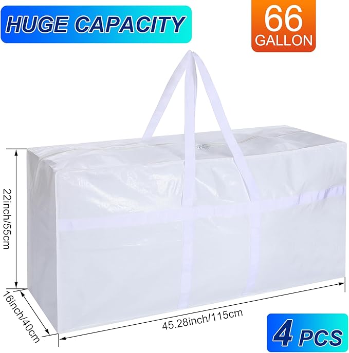 4 Pcs 66 Gallon Extra Large Moving Bags Heavy Duty Storage Bag with Strong Zipper Handle Foldable XXL Jumbo Storage Tote Packing Moving Box for College Dorm Travel Cloth Duffle (White)