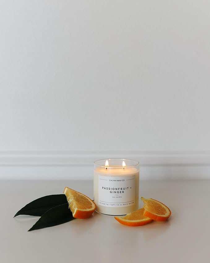 Calyan Wax Co. Passionfruit & Ginger 2 Wick Scented Candle - 37 Hour Burn - Luxury Non Toxic Soy Wax Candles - Long Lasting Large Glass Jar Candle for Home - 8.8oz