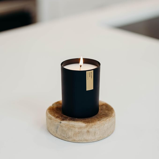 Calyan Wax Co. Vetiver & Tonka Scented Candle - 75 Hour Burn - Luxury Non Toxic Soy Wax Candles - Long Lasting Black Tumbler Jar Candle for Home - 10.2oz
