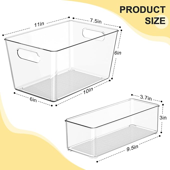 Set of 4 Clear Plastic Storage Bins, 2 Large +2 Small Pantry Organizers and Storage Containers for Kitchen Organization, Home Storage Essentials for Cabinet, Office, Garage, Freezer& Bathroom