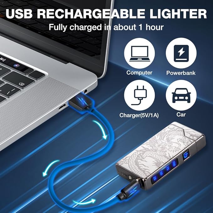 LcFun Electric Lighter - USB Rechargeable, Dual Arc Plasma Lighter, Windproof Flameless Lighters, Electronic Lighters with LED Battery Indication Gifts for Men Boyfriend Husband (Dragon Black)