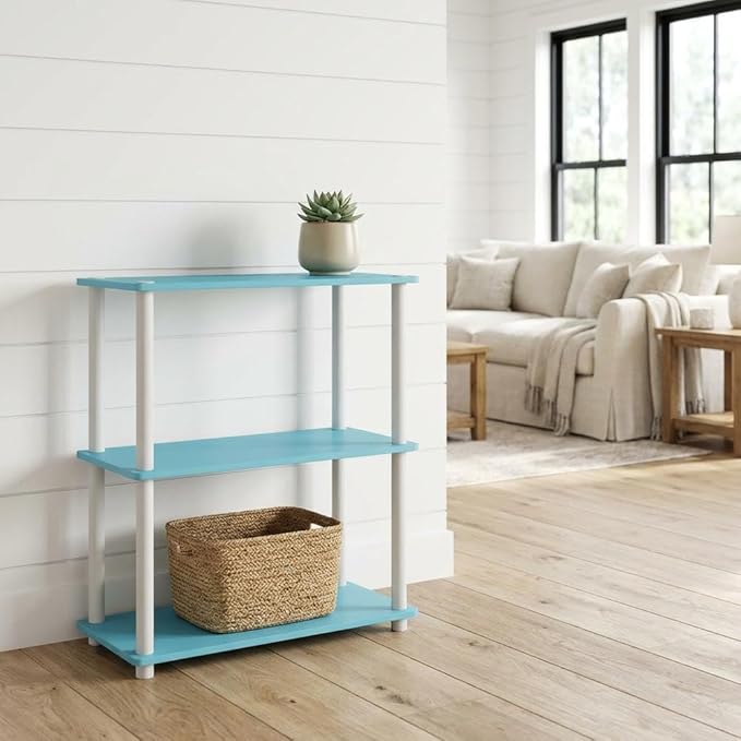Furnifact Light Blue White Bookcase with Wooden Shelves, Elegant Storage Solution, Sturdy Construction for Living Room, Office, and Bedroom