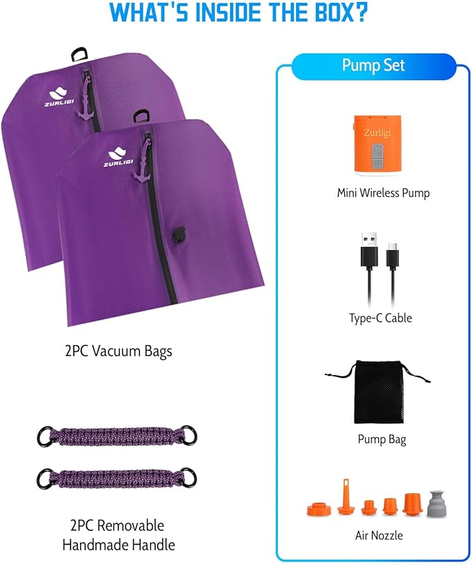 Zurligi Travel Vacuum Compression Bags with Removable Handle & Mini Pump – 39L Reusable IPX8 Waterproof Vacuum Packing Cubes, Vacuum Seal Bags for Clothes, Suitcase & Backpack(2-Pack Purple)