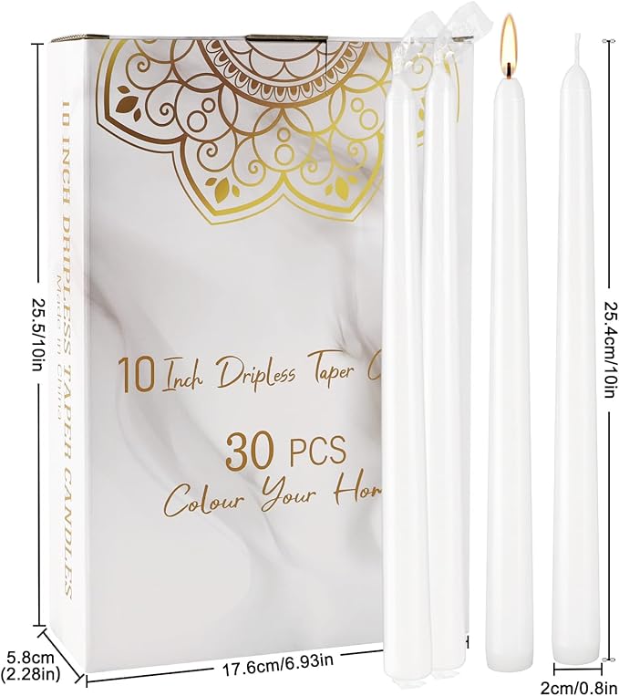 30 Pack 10 inch White Taper Candles, 7-7.5 Hour Burn Time,Unscented Dripless and Smokeless, Elegant Premium Quality Dinner Candle for Home Décor, Restaurant, Wedding, Party Candlesticks
