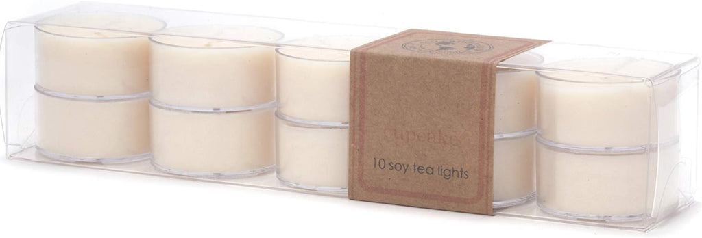 ECO CANDLE CO. Tea Light Candles, Cupcake, 10-Pack - Scents of Yellow Cake & Icing - Recyclable Plastic Cups, 100% Soy Wax, No Lead, Hand Poured, Made from Midwest Grown Soybeans, .6 oz. Each