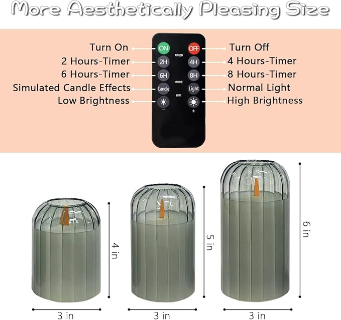 Rechargeable Flameless Candle, Flashing LED Pillar Real Wax Candle with Remote Control and Timer, Green Pumpkin Glass Electronic Candles for Room Decoration, 1 Set of 3