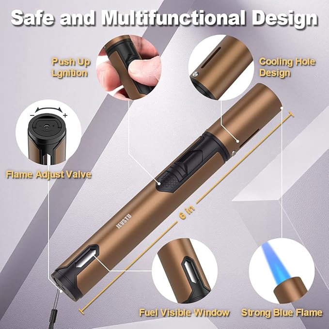 Butane Lighter, Torch with Fuel Level Window, Adjustable Fire Jet Lighter for Fireplace, Windproof Pen for Candle BBQ, Brown, Fluid not Included