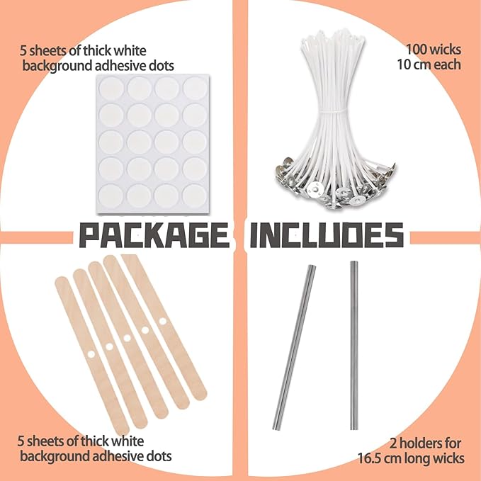 TJE Candle Making Kit - 4-Inch Cotton Pre-Waxed Wicks with Tabs, Stickers & Wooden Centering Tools for Soy, Beeswax, and Jar DIY Candles (100 Wicks + 10 Tools)