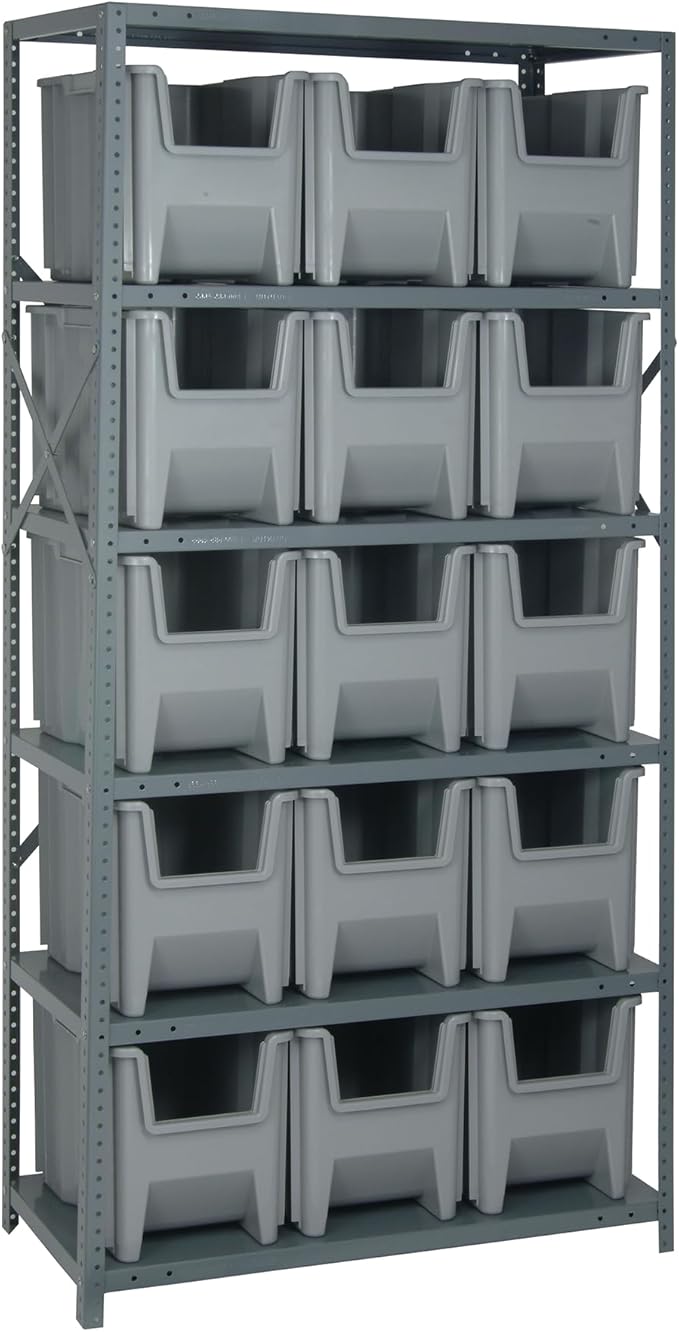 Quantum Storage Systems QSBU-600GY Solid Heavy Duty 6 Shelves 15 Giant Stack Gray Bins 75" H x 36" W x 18" D