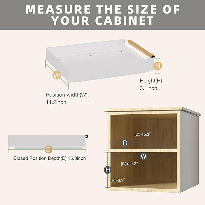 2 Pack Pull Out Cabinet Organizer, 15.3'' Deep Expandable Slide Out Cabinet Organizer Fixed with Adhesive Nano Film, Slide Out Drawers Pull Out Tray for Cabinet in Kitchen, Pantry, Bathroom, White