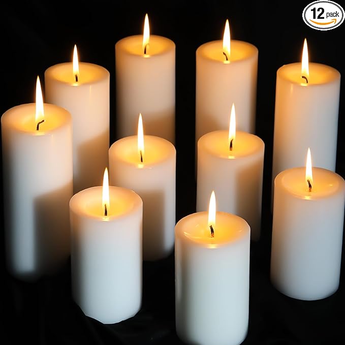 12 Packs White Pillar Candles, 50 Hours Long Burning Time Unscented Pillar Candles for Emergency,Wedding,Church, Dripless and Smokeless Table Candles Pillar, White Candles for Party, Relaxing