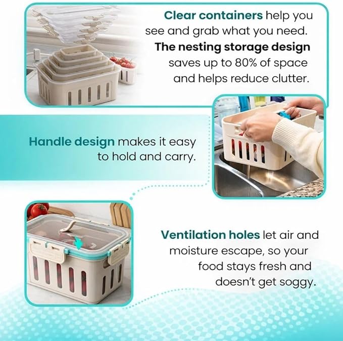 Fruit Containers for Fridge Keep Fresh, 5-Pack Food Storage Containers with Lids, Meal Prep Containers, Fridge Storage with Removable Colander, Microwave & Dishwasher Safe (White)