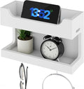 NiHome Wall Mounted Wooden Bedside Accessories Organizer, Double Tray Bedside Storage Shelf Rack with Magnetic Hooks, Bedroom Dorm RV Wall Caddy Holder for Phone Glasses Alarm Clock Remote (White)