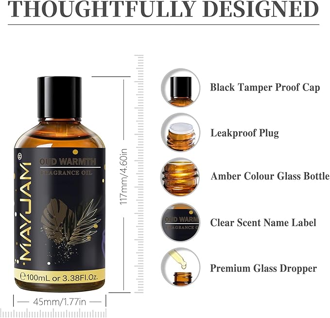 Oud Warmth Fragrance Oil Essential Oil, MAYJAM 3.38FL.OZ Oud Warmth Oil for Diffusers for Home, Long Lasting Scented Oils for Soap Candle Making - 100ML