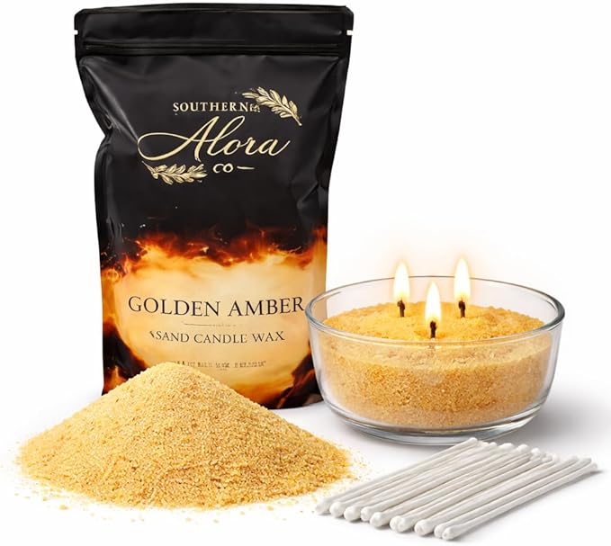 Candle Sand with 10 Wicks – 1 LB Refillable Sand Candle Wax for DIY Candles, Wedding Centerpieces, Home Decor – Golden Amber
