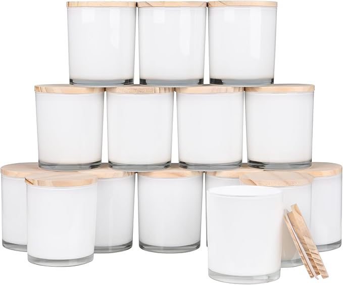 10 OZ Thick Candle Jars for Making Candles 15 Pcs, Empty Jars with Wood Lids for Candle Making, Sample Container, Inner White