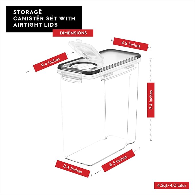 DWËLLZA KITCHEN Airtight 4 Pc Cereal Storage Containers - 14PC Kitchen Pantry Organization and Storage - BPA-Free Clear 8 1.4L Containers with Lids