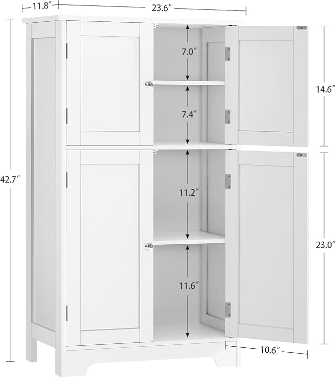 TEENFON Bathroom Floor Storage Cabinet, Freestanding Bathroom Storage Unit with 2 Adjustable Shelves & 4 Doors, White