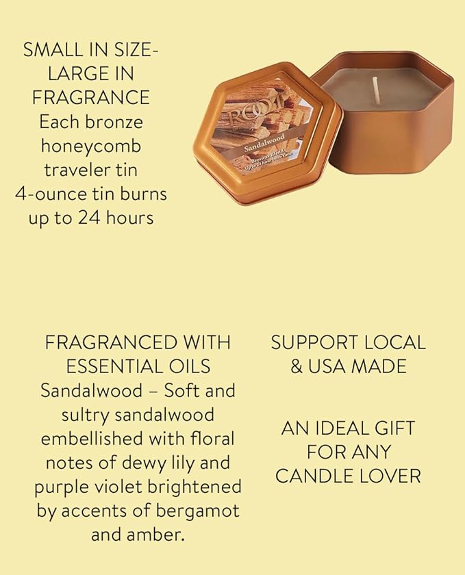 Root Candles Scented Candles in Travel Tin 24-Hour Honeycomb Traveler Handcrafted Beeswax Blend Candle, 4-Ounce, Sandalwood