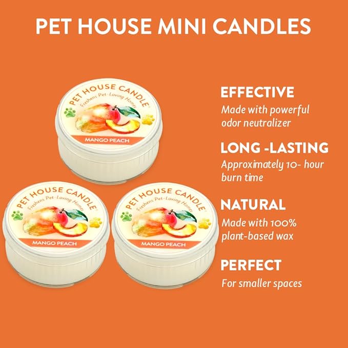 Pet House Mini Candles for Pet Odor Made with Natural Soy Wax, Plant Based, Dog and Cat Friendly Scented Candles, Mango Peach Pack of 3