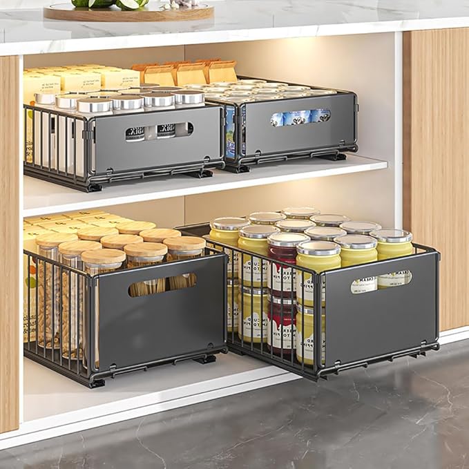YunNasi Pull Out Cabinet Organizer Slide Out Drawer Storage Shelves Cupboard Organiser Sliding Cabinet Basket for Kitchen No Drilling and Nailing (Black, 4Piece 9.8" W X15 D X 7.5" H)