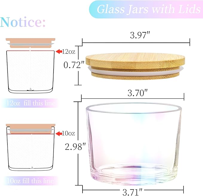 CONNOO 8 Pack 12 oz Iridescent Glass Wide Mouth Candle Jars for Making Candles with Airtight Bamboo Lids, Nice Sticky Warning Labels for Candle Making, Empty Container Bulk - Dishwasher Safe